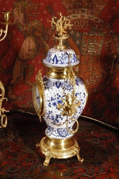 fig 3. **** SOLD **** Antique Delftware and Gilt Brass Clock Set.